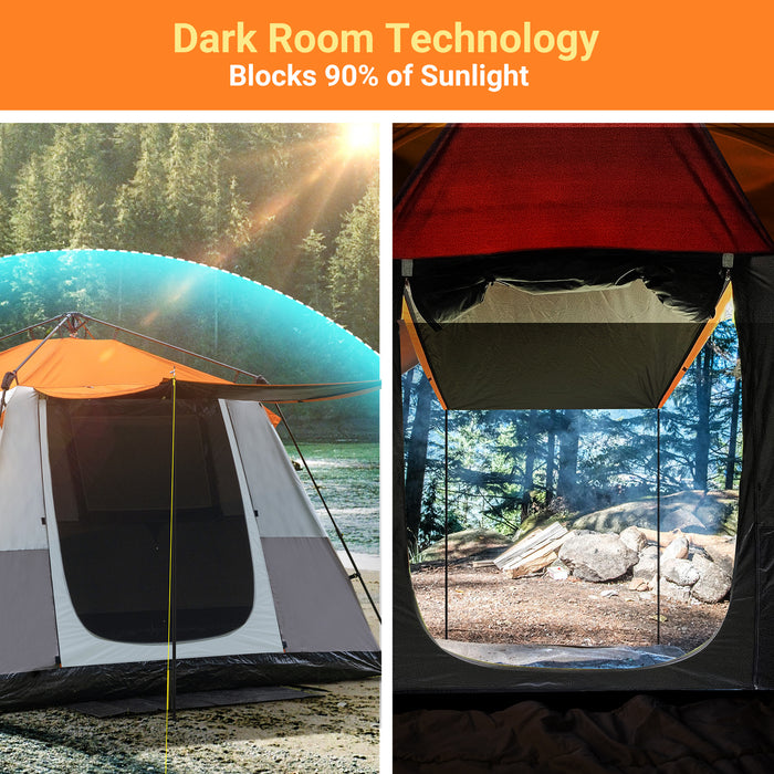 4-6 Person Dark Room Instant Tent, Easy Setup Family Tent, Waterproof with Door Mat & Door Awning, Orange