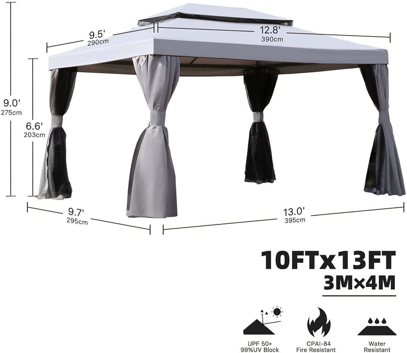 10' x 13' Canopy Tent Gazebo 2-Tier Outdoor Canopy with Mosquito Netting & Shade Curtains, Sturdy Straight Leg Tent for Backyard & Party & Event