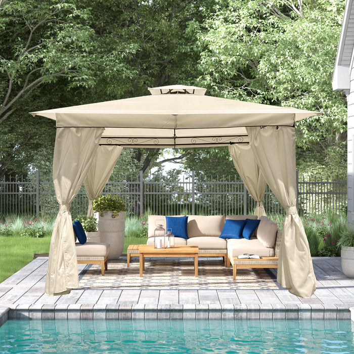 10' x10' Outdoor Patio Garden Gazebo Tent, Outdoor Shading, Gazebo Canopy with Curtains, Beige