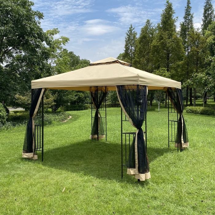 10' x 10' Outdoor Canopy Tent with Ventilated Double Roof And Mosquito Net, Detachable Mesh Screen On All Sides, Beige Top